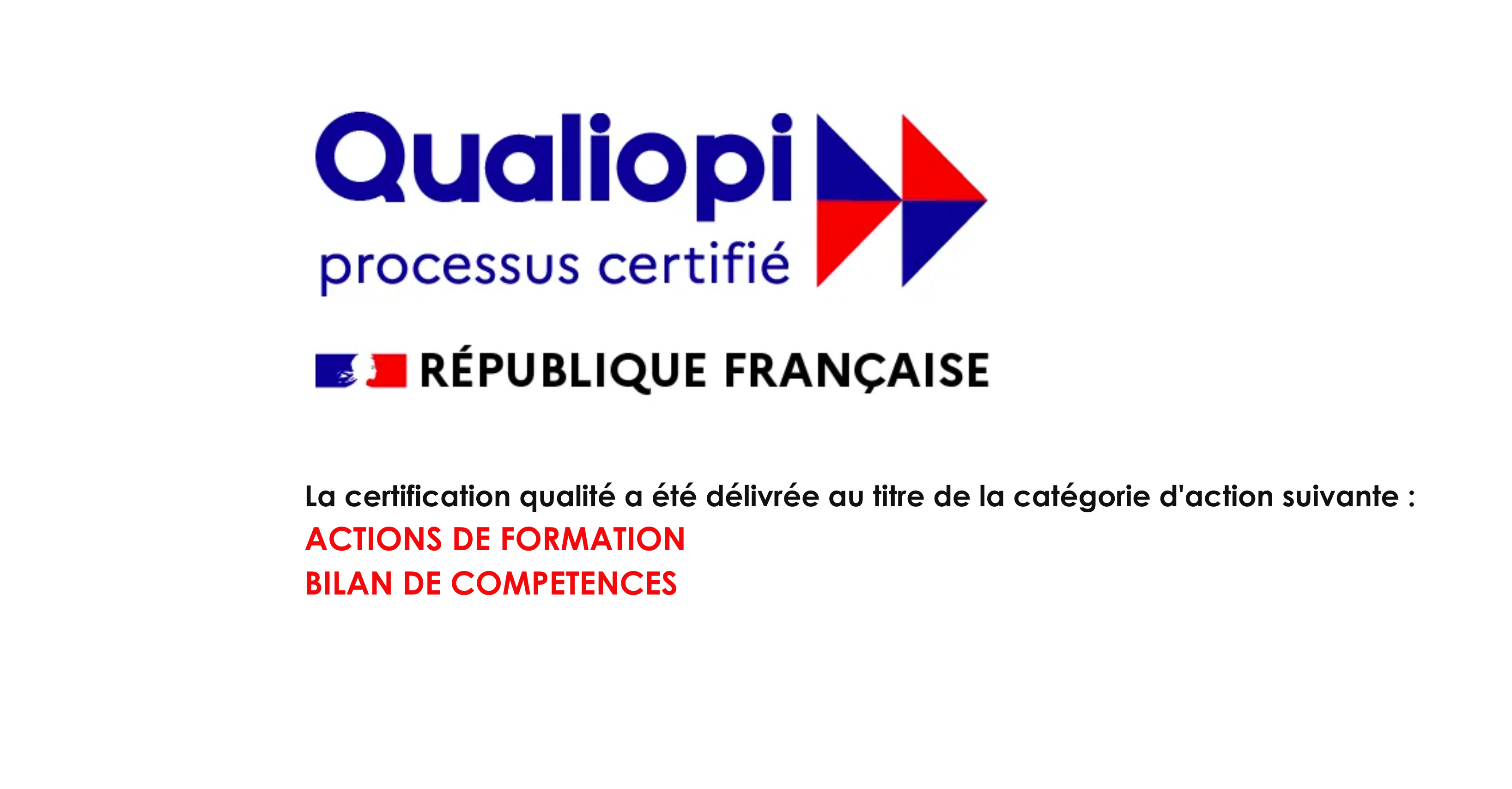 Qualiopi — certified process, French Republic. This quality certification was issued for the following category of activity: training activities, skills assessment.
